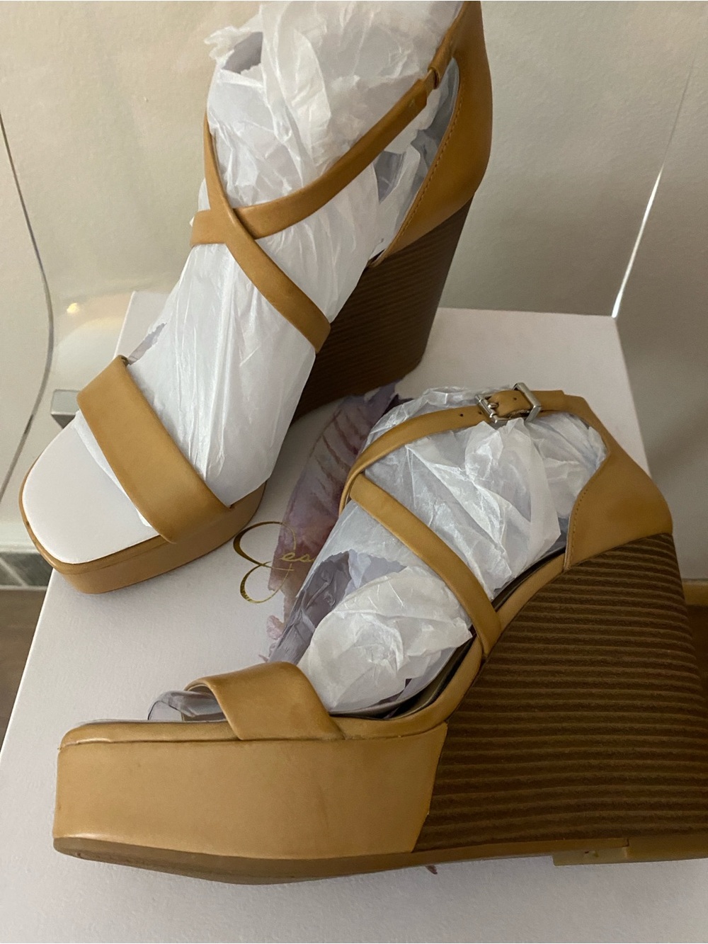 Jessica Simpson Tan Platform Wedge Sandals with Ankle Strap